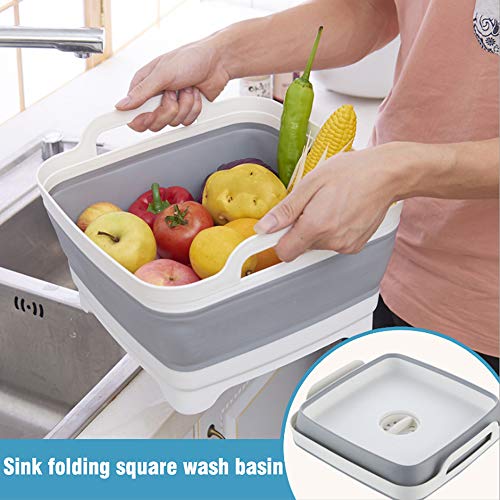 Lavabo plegable con tapón de drenaje asas de transporte para 9 L de gran capacidad, lavabo, cubeta plegable para fregadero, verduras, frutas, colador de alimentos, tina de lavado – gris