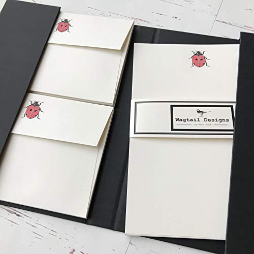 Lavanderas diseños de papel con set de regalo con un Ilustración Mariquita en una bonita caja Negro con lazo (Elige 12,18 o 36 hojas de papel para cartas y sobres de calidad), color Ivory (Cream)