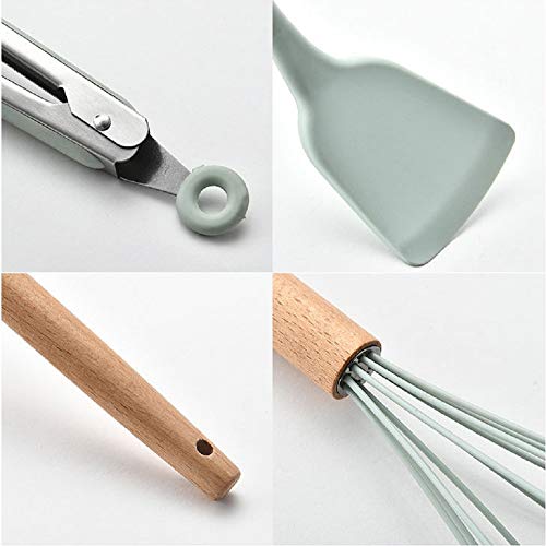 Lawei - Espátula de cocina de silicona con asas de madera, antiadherente, antiadherente, antiadherente, espátula de cuchara, juego de cocina con cubeta de almacenamiento