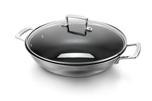 Le Creuset 3-Ply Wok antiadherente con tapa de vidrio, Ø 30 cm, acero inoxidable, volumen 4,8 L, Libre de PFOA, para todo tipo de fuentes de calor (incl. inducción), metálico