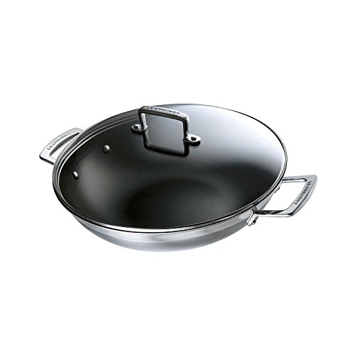 Le Creuset 3-Ply Wok antiadherente con tapa de vidrio, Ø 30 cm, acero inoxidable, volumen 4,8 L, Libre de PFOA, para todo tipo de fuentes de calor (incl. inducción), metálico