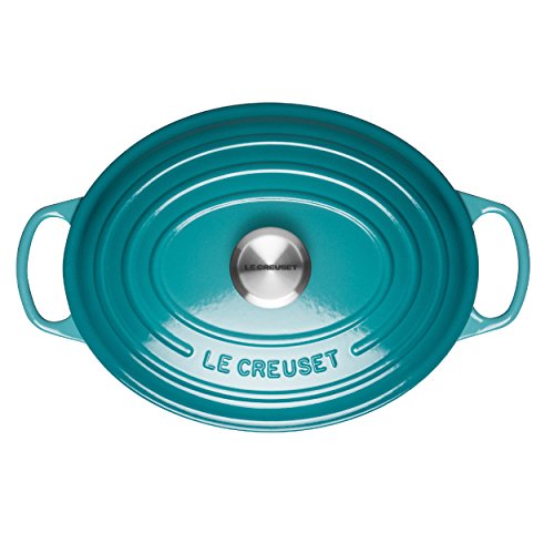 LE CREUSET Evolution Cocotte con Tapa, Ovalada, Todas Las Fuentes de Calor Incl. inducción, 4,1 l, Hierro Fundido, Azul (Caribe), 27 cm