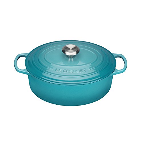 LE CREUSET Evolution Cocotte con Tapa, Ovalada, Todas Las Fuentes de Calor Incl. inducción, 4,1 l, Hierro Fundido, Azul (Caribe), 27 cm