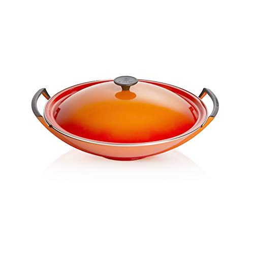 Le Creuset Wok de Redondo, Apto para todas las fuentes de calor, incl. inducción, Hierro fundido, Naranja(Volcánico), 36 cm