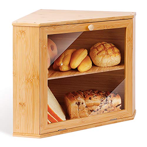 Leader Accessories Caja de pan y pastel de bambú natural, Caja de pan con tapa frontal plegable, Cesta de pan para cocina y panadería, etc, 39 x 18 x 23 cm
