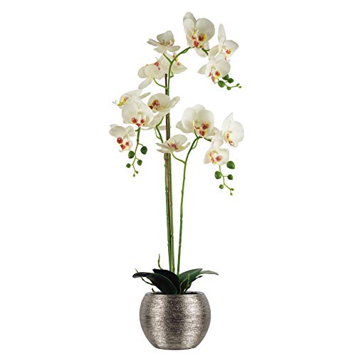 Leaf Orquídea Artificial, Color, Materiales Combinados, Maceta Blanca y Plateada de 70 cm, 70cm White & Silver Planter