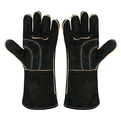 LeaSeek - Guantes de cuero resistentes para barbacoas (parrillas), soldadura y chimeneas. Resistentes al calor e ignífugos. Color negro, 35,6 cm