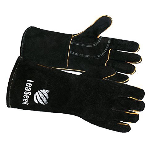 LeaSeek - Guantes de cuero resistentes para barbacoas (parrillas), soldadura y chimeneas. Resistentes al calor e ignífugos. Color negro, 35,6 cm