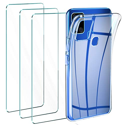 Leathlux Funda Samsung Galaxy A21s + 3 x Protector de Pantalla Samsung Galaxy A21s, Transparente TPU Silicona Funda + Cristal Vidrio Templado Protector de Pantalla y Carcasa Samsung Galaxy A21s