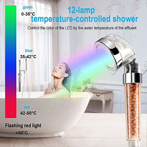 LED Alcachofa Ducha, Zorara Alta Presiòn Cabeza de Ducha de Mano con 3 Cambio de color con la Temperatura, 30% Ahorro de Agua para Baños con filtro de bola mineral