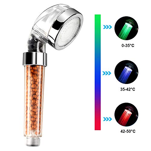 LED Alcachofa Ducha, Zorara Alta Presiòn Cabeza de Ducha de Mano con 3 Cambio de color con la Temperatura, 30% Ahorro de Agua para Baños con filtro de bola mineral