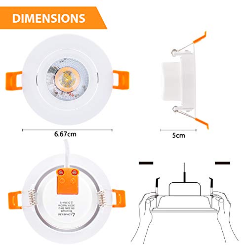 Led Downlight Led Techo Foco Empotrable, LOHAS 5W=35W Incandescente, Blanco Cálido 3000K, 420LM, 240V, No-Regulable, IP65, Luz de Techo para Hogar, Oficina, Iluminación Comercia, Pequedete 6 Unidades.