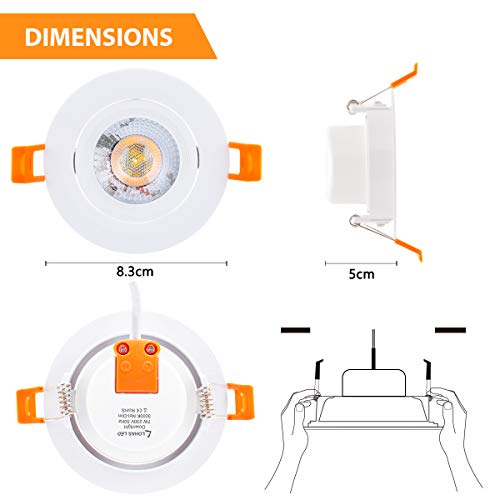 Led Downlight Led Techo Foco Empotrable, LOHAS 7W=60W Incandescente, Blanco Cálido 3000K, 560LM, 240V, No-Regulable, IP65, Luz de Techo para Hogar, Oficina, Iluminación Comercia, Pequedete 6 Unidades.