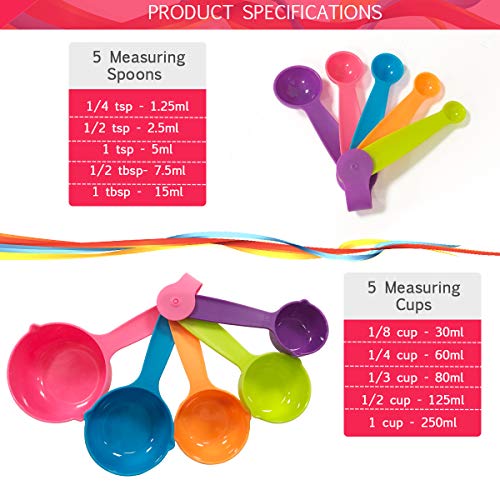 Ledeak 10 Piezas Set Cucharas Medidoras, Juego de Tazas Medidoras de Multicolor, Herramientas de Medición de Plástico Duraderos para Cocina Cocinar Pasteles para Hornear