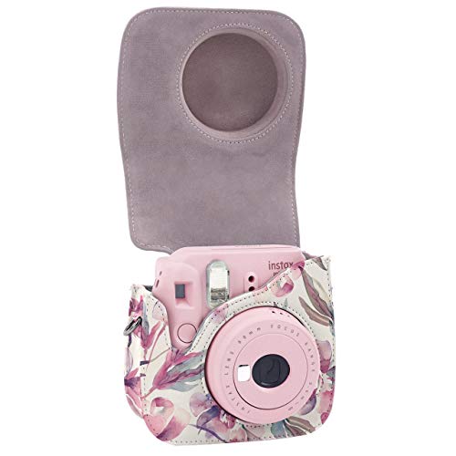 Leebotree Bolsa de Transporte Fabricada en Cuero, Dispone de Una Correa de Proteger y Bolsillo para Fujifilm Instax Mini 8 8+ / Mini 9 Cámara instantánea (Flor)