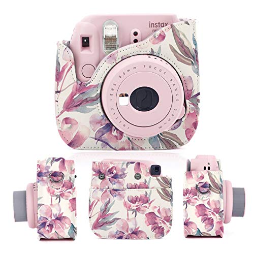 Leebotree Bolsa de Transporte Fabricada en Cuero, Dispone de Una Correa de Proteger y Bolsillo para Fujifilm Instax Mini 8 8+ / Mini 9 Cámara instantánea (Flor)