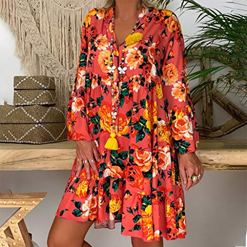 LEEDY Vestido de verano para mujer, estampado suelto, mangas de siete puntos, holgado, de gran tamaño, con botón sexy y cuello en V profundo, fiesta de playa, danza del sol