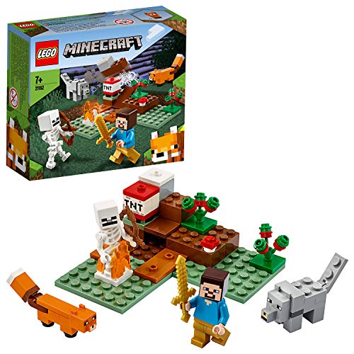 LEGO Minecraft - La Aventura en la Taiga, Set de Construcción Inspirado en el Juego, Incluye Minifigura de Steve, Esqueleto y un Lobo de Juguete (21162)