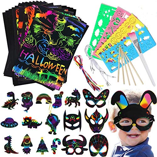 Lehoo Castle Halloween Papel para Rascar Niños Scratch Art para Niños 105 Piezas Papel de rascar de Color mágico Arte de rascar Arco Iris para niños Juego de Papel de rascar Negro