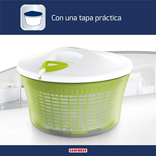 Leifheit Centrifugadora de lechuga ComfortLine, centrifugadora manual con mecanismo de giro en la tapa, escurridor de cocina con ensaladera y colador