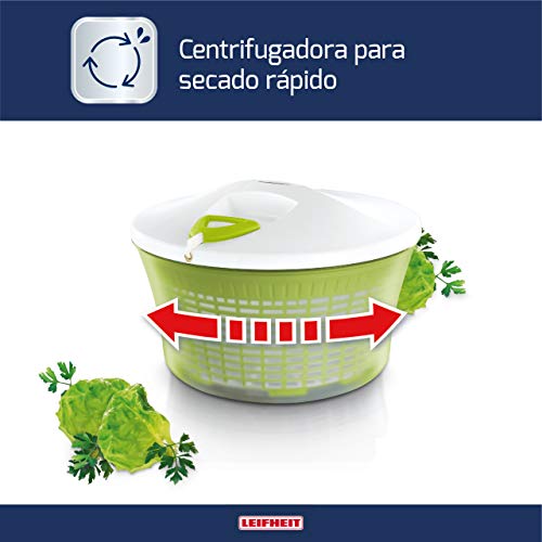 Leifheit Centrifugadora de lechuga ComfortLine, centrifugadora manual con mecanismo de giro en la tapa, escurridor de cocina con ensaladera y colador