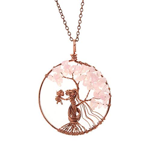 LEIGAGA Trenzado a Mano Árbol de la Vida Chica Colgante Collar de aleación de Piedra triturada Natural Yoga Curación Joyas para Mujeres Venta al por Mayor   Cuarzo Rosa