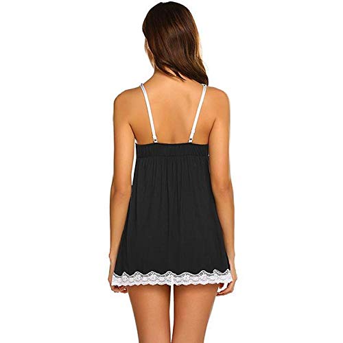 Lencería Camisones Sexy Ropa De Casa Camisón Mujeres Escote En V Correa De Espagueti Encaje Patchwork Camisón Sexy Vestido De Salón Ropa De Dormir-Negro_L