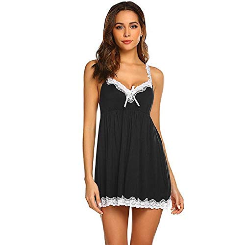 Lencería Camisones Sexy Ropa De Casa Camisón Mujeres Escote En V Correa De Espagueti Encaje Patchwork Camisón Sexy Vestido De Salón Ropa De Dormir-Negro_L