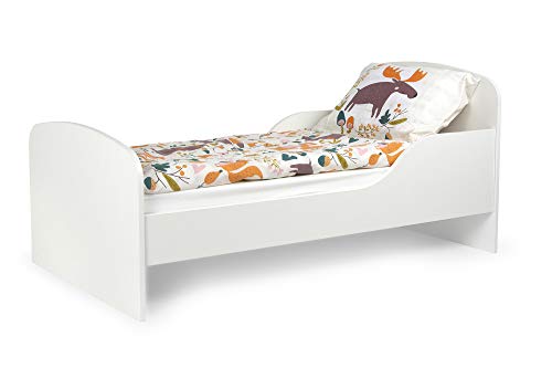 Leomark Cama Infantil Completa de Madera - Blanco- Marco de Cama, Colchón, Somier, Blanco Muebles para Niños, Moderno Dormitorio, Impresa Mobiliario, Espacio para Dormir: 140/70 cm