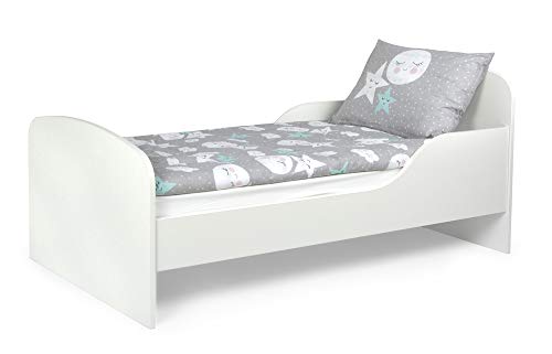 Leomark Cama Infantil Completa de Madera - Blanco- Marco de Cama, Colchón, Somier, Blanco Muebles para Niños, Moderno Dormitorio, Impresa Mobiliario, Espacio para Dormir: 140/70 cm