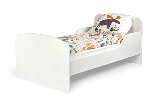 Leomark Cama Infantil Completa de Madera - Blanco- Marco de Cama, Colchón, Somier, Blanco Muebles para Niños, Moderno Dormitorio, Impresa Mobiliario, Espacio para Dormir: 140/70 cm