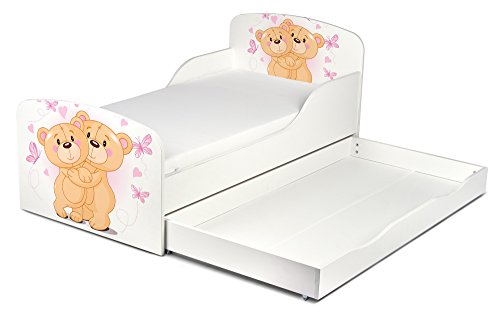 Leomark Cama Infantil Completa de Madera - Dos Osos - Marco de Cama, Colchón, Somier, Cajón, Blanco Muebles para Niños, Moderno Dormitorio, Impresa Mobiliario, Espacio para Dormir: 140/70 cm