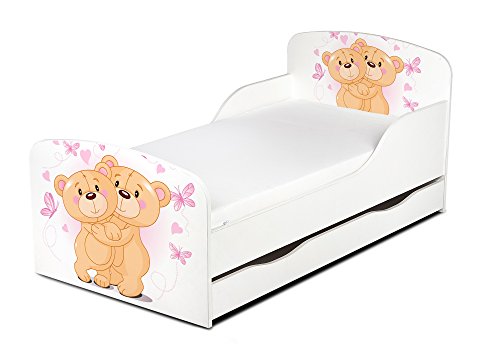 Leomark Cama Infantil Completa de Madera - Dos Osos - Marco de Cama, Colchón, Somier, Cajón, Blanco Muebles para Niños, Moderno Dormitorio, Impresa Mobiliario, Espacio para Dormir: 140/70 cm