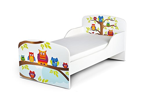 Leomark Cama Infantil Completa de Madera - Happy Owls - Marco de Cama, Colchón, Somier, Blanco Muebles para Niños, Moderno Dormitorio, Impresa Mobiliario, Espacio para Dormir: 140/70 cm