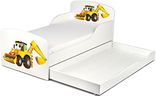 Leomark Cama Infantil Completa de Madera ~ Mi Excavadora ~ Marco de Cama, Colchón y Cajón, Somier, Blanco Muebles para Niños, moderno Dormitorio /Area de dormir 140/70 cm/