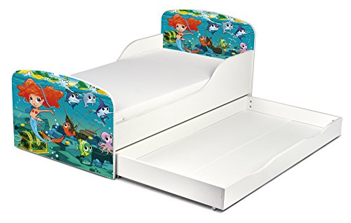 Leomark Cama Infantil Completa de Madera - Sirena - Marco de Cama, Colchón, Somier, Cajón, Blanco Muebles para Niños, Moderno Dormitorio, Impresa Mobiliario, Espacio para Dormir: 140/70 cm