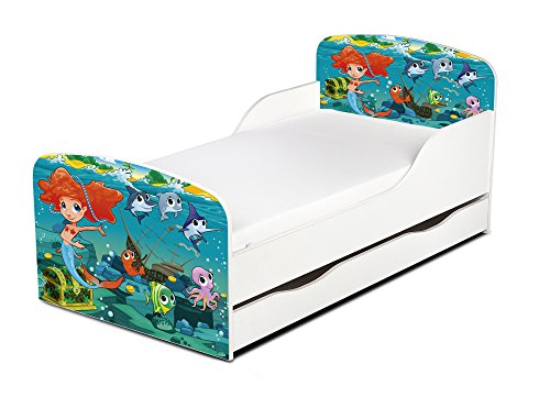 Leomark Cama Infantil Completa de Madera - Sirena - Marco de Cama, Colchón, Somier, Cajón, Blanco Muebles para Niños, Moderno Dormitorio, Impresa Mobiliario, Espacio para Dormir: 140/70 cm