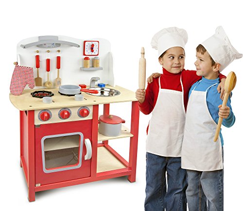 Leomark Cocina Madera Infantil De Juguete - color Classic Roja -Accesorios: Reloj, Grifo y Fregadero, Cubiertos, Utensilios de Cocina, Para Niños, Juego de Imitación, Dim: 60x30x75 (altura) cm