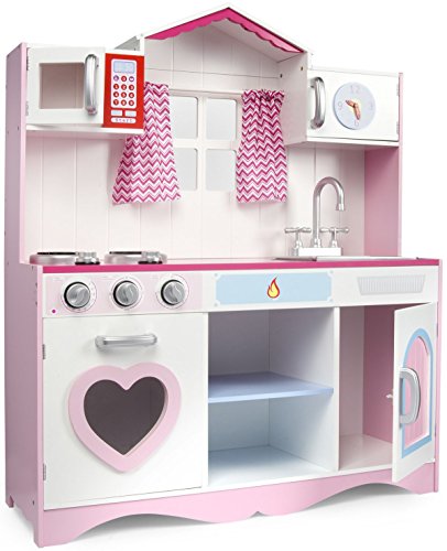 Leomark Cocina Madera Infantil de Juguete - Pink Play - Accesorios, para Niños, Efectos de luz y Sonido, Dim: 82x30x101(Altura) cm + Kit de ollas metálicas con los Accesorios