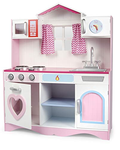 Leomark Cocina Madera Infantil de Juguete - Pink Play - Accesorios, para Niños, Efectos de luz y Sonido, Dim: 82x30x101(Altura) cm + Kit de ollas metálicas con los Accesorios