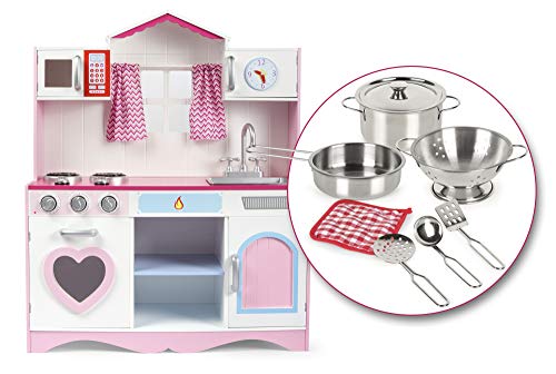 Leomark Cocina Madera Infantil de Juguete - Pink Play - Accesorios, para Niños, Efectos de luz y Sonido, Dim: 82x30x101(Altura) cm + Kit de ollas metálicas con los Accesorios