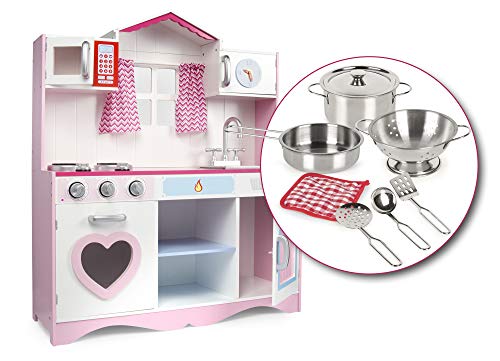 Leomark Cocina Madera Infantil de Juguete - Pink Play - Accesorios, para Niños, Efectos de luz y Sonido, Dim: 82x30x101(Altura) cm + Kit de ollas metálicas con los Accesorios