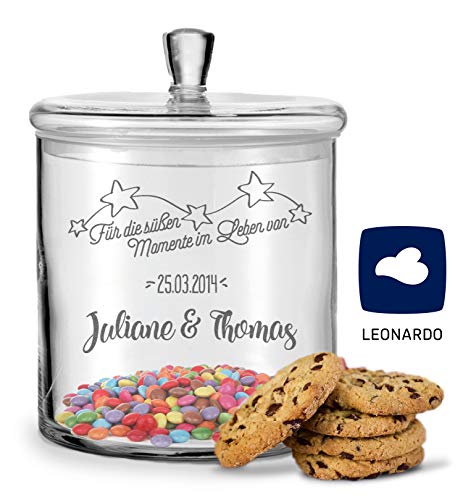 Leonardo - Tarro de cristal para galletas con grabado, tarro para galletas con tapa, personalizable con nombre y fecha, regalo para parejas o bodas Caramelos.