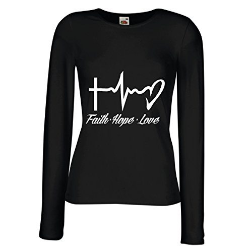 lepni.me Camisetas de Manga Larga para Mujer Fe - Esperanza - Amor - 1 Corintios 13:13, Citas cristianas y proverbios, Refranes religiosos (X-Large Negro Multicolor)