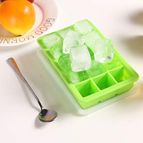 LessMo 3cm Bandeja de Cubitos de Hielo, moldes de Cubitos de Hielo de Silicona de 2 Piezas con Tapas Antideslizantes (Verde, Cubo de Hielo L)