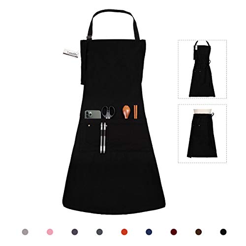 LessMo Delantal, 100% algodón de Cocina Delantal con Correa para el Cuello Ajustable, Barbacoa de Calidad Profesional Delantal, 70 x 85 cm, Negro