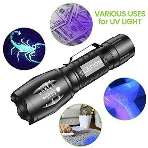 LETION Linterna Ultravioleta Led Linterna UV,Luz Negra UV 2 en 1 con 395nm luz UV, Modo 4 & IPX a Prueba de Agua 4 para Ropa de Mascotas Detección de Hongos