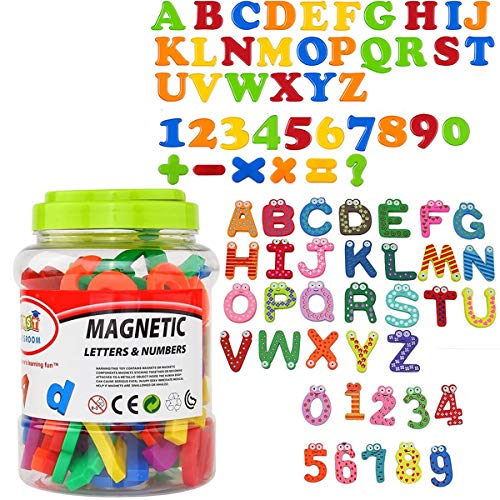 letras magnéticas Fiyuer 82 Pcs números magnéticos letras madera alfabeto imanes juguetes magnéticos bebes Incluye Mayúsculas Minúsculas y Símbolos Matemáticos para Niños