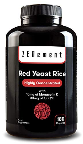 Levadura Roja de Arroz concentrada con 10mg de Monacolina K y 30mg de Coenzima Q10, 180 Cápsulas | Controla los niveles de colesterol sanguíneo | 100% Vegano, libre de citritina y aditivos, sin gluten