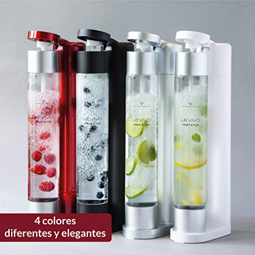 Levivo Gasificadora de agua Fruit & Fun Slim, con botella de 1 litro y cartucho de CO2, gas carbonatado para agua, cócteles y otras bebidas, color rojo y plata